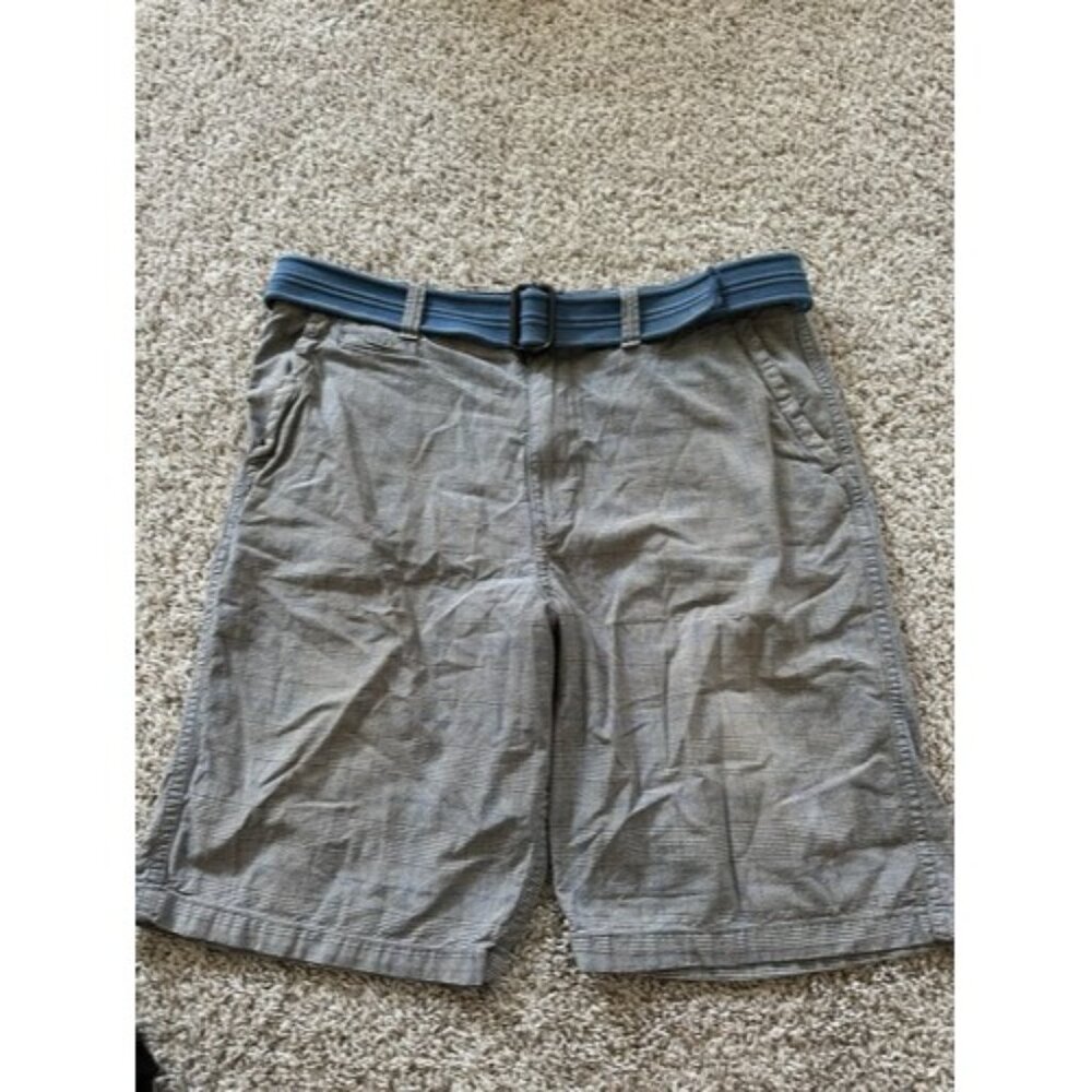 American Eagle Plaid Chino Shorts Longer Lenght Button Pockets Belts Size 36